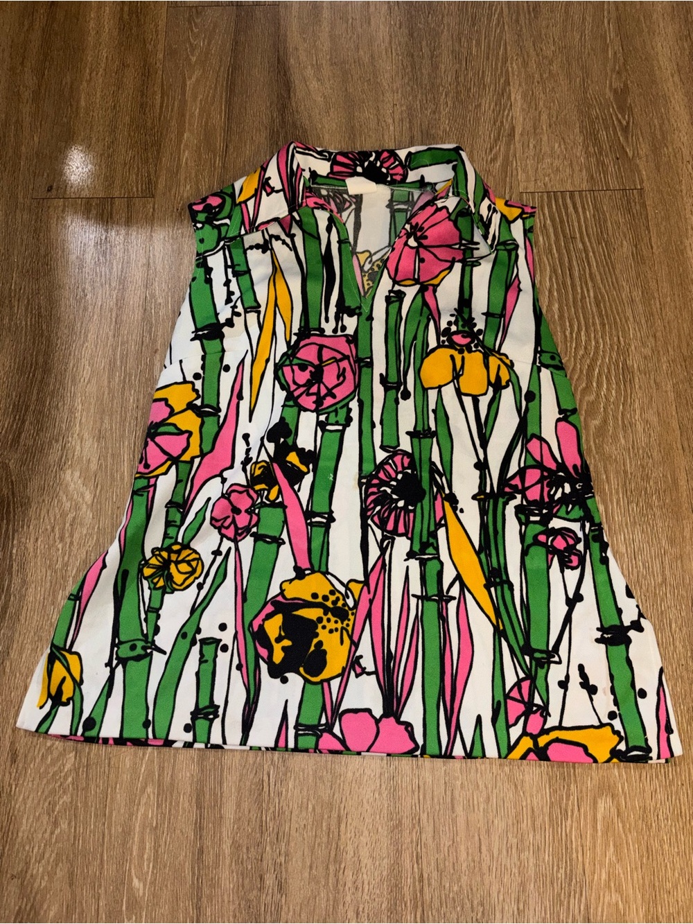 Vintage Sears Perma-Prest Floral Bamboo Print Sleeveless Blouse Retro 70s b136